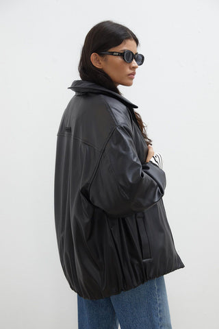 Oversize Leather Puffer Jacket Black