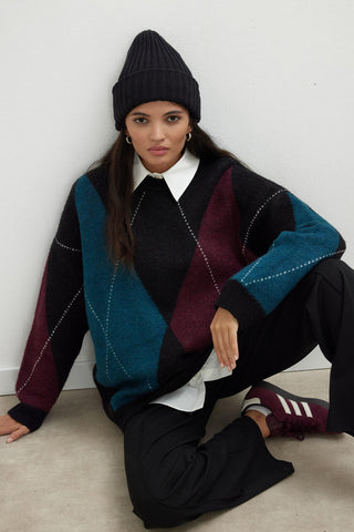 Argyle Pattern Knitwear Sweater Teal