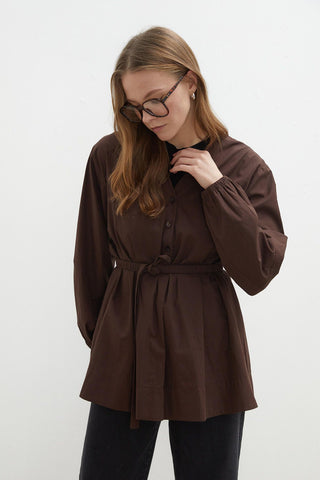 Belted V-Neck Shirt Dark Brown