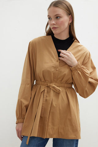 Belted V-Neck Shirt Camel