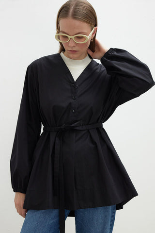 Belted V-Neck Shirt Black