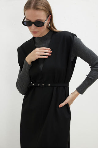 Premium Belted Gilet Dress Black