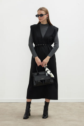 Premium Belted Gilet Dress Black