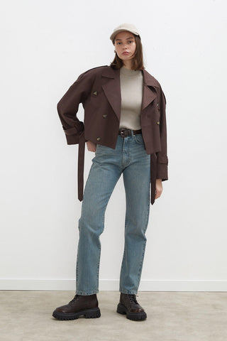 Belted Short Trench Coat Dark Brown