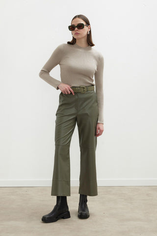 Leather Flare Trousers Khaki