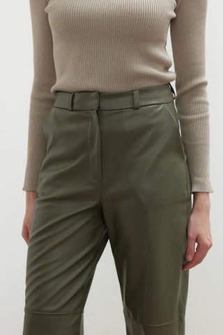 Leather Flare Trousers Khaki