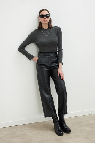 Leather Flare Trousers Black