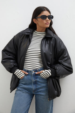 Oversize Leather Puffer Jacket Black