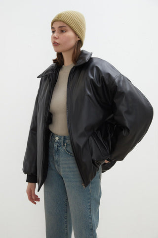 Oversize Leather Puffer Jacket Black