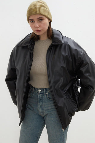 Oversize Leather Puffer Jacket Black