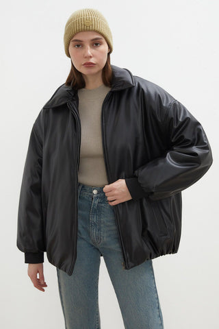 Oversize Leather Puffer Jacket Black