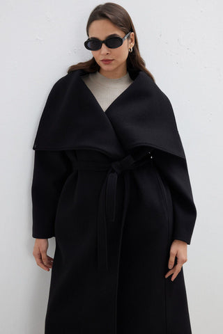 Wide Collar Belted Coat Black