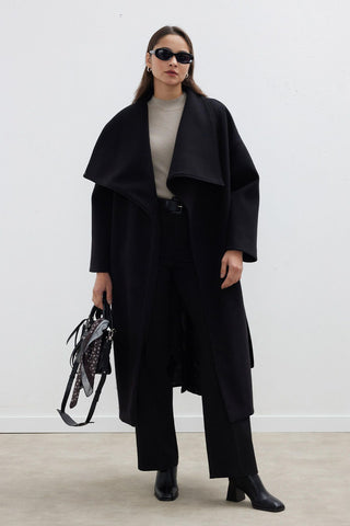 Wide Collar Belted Coat Black