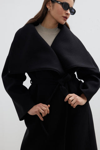 Wide Collar Belted Coat Black