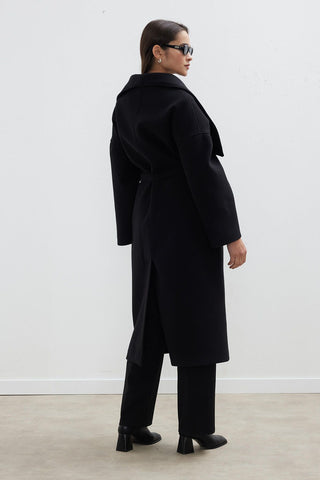 Wide Collar Belted Coat Black