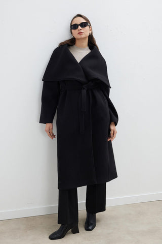 Wide Collar Belted Coat Black