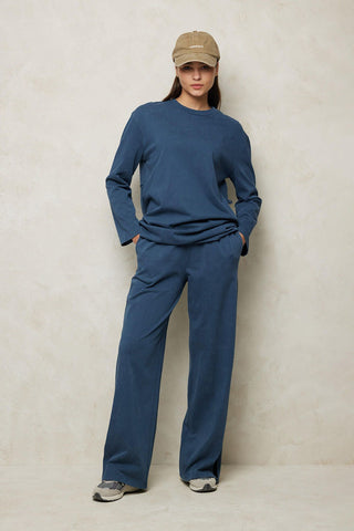 Faded Effect Palazzo Trousers Navy Blue