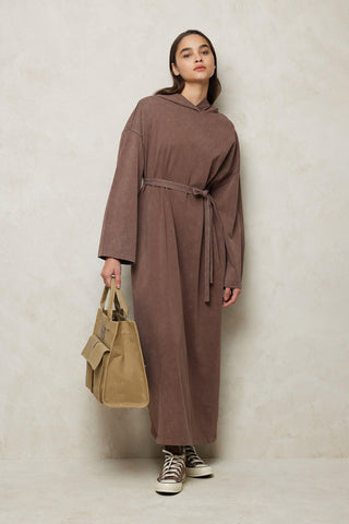 Faded Effect Hooded Sweat Dress Brown