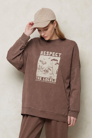 Faded Effect Print Sweatshirt Brown