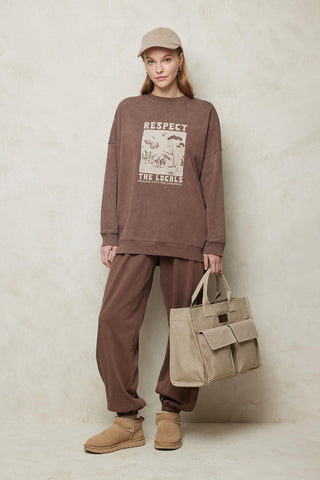 Faded Effect Print Sweatshirt Brown