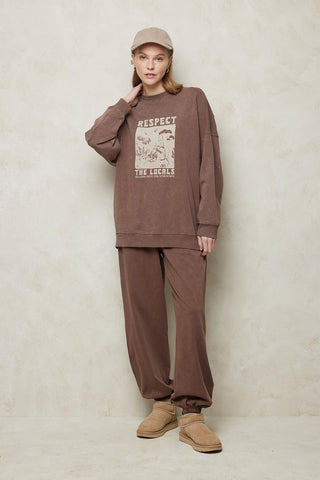 Faded Effect Print Sweatshirt Brown