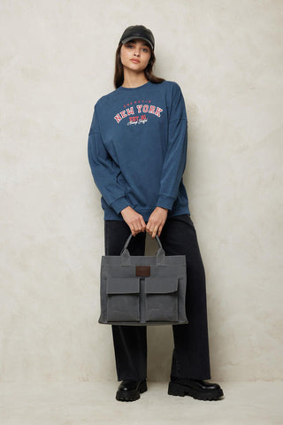 Faded Effect Print Sweatshirt Navy Blue