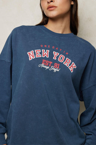 Faded Effect Print Sweatshirt Navy Blue