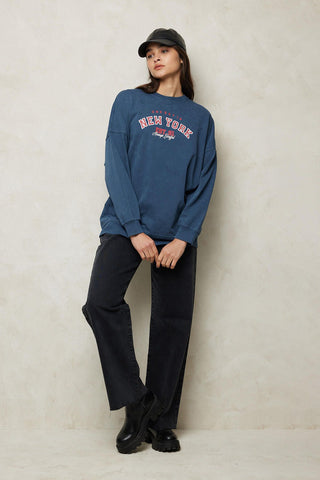 Faded Effect Print Sweatshirt Navy Blue