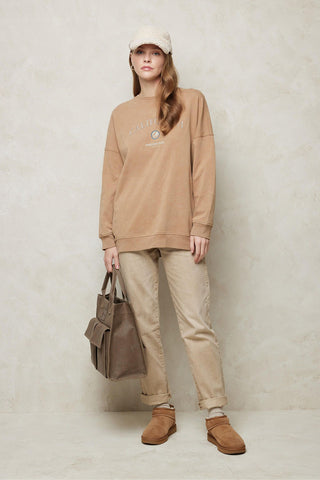 Faded Effect Print Sweatshirt Camel