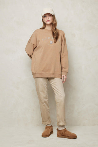 Faded Effect Print Sweatshirt Camel