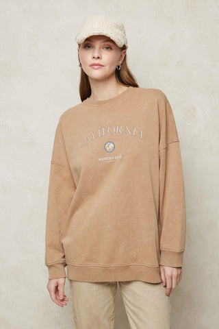 Faded Effect Print Sweatshirt Camel