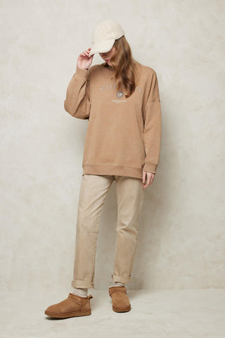 Faded Effect Print Sweatshirt Camel