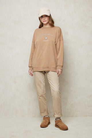 Faded Effect Print Sweatshirt Camel