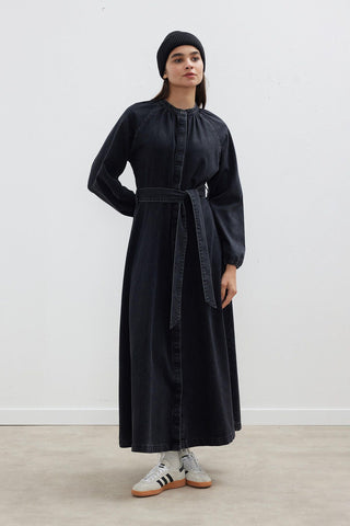 Raglan Sleeve Shirred Denim Dress Black