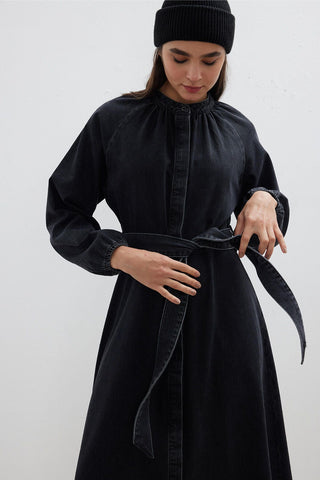 Raglan Sleeve Shirred Denim Dress Black