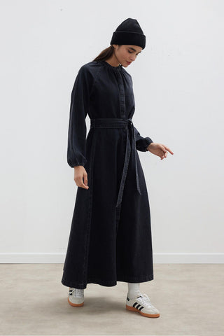 Raglan Sleeve Shirred Denim Dress Black