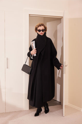 Wide Collar Belted Coat Black