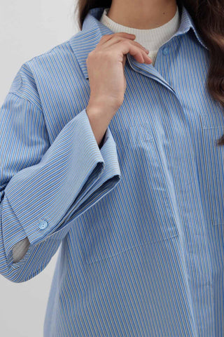 Wide Cuff Striped Shirt Blue