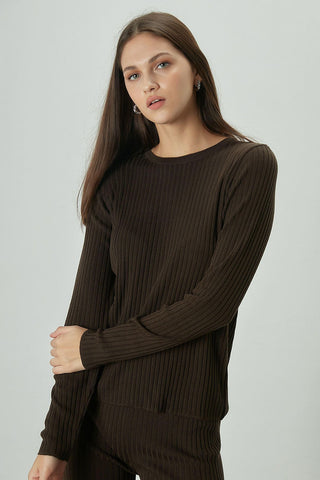 Ribbed Knit Blouse Dark Brown