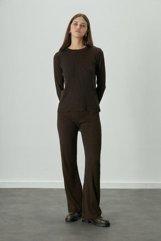 Ribbed Knit Blouse Dark Brown