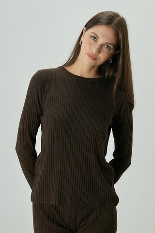 Ribbed Knit Blouse Dark Brown