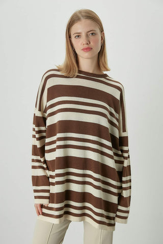 Striped Oversize Knit Tunic Brown