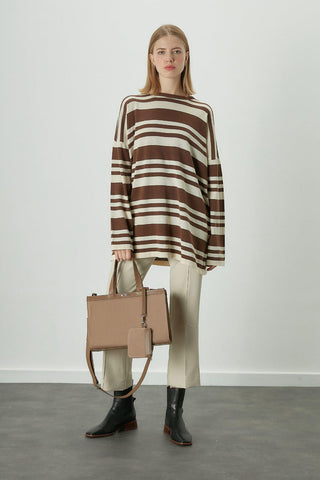 Striped Oversize Knit Tunic Brown