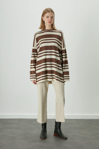 Striped Oversize Knit Tunic Brown