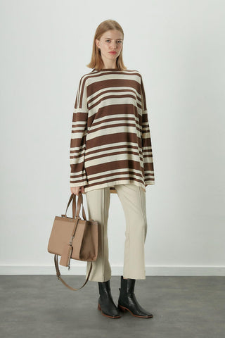 Striped Oversize Knit Tunic Brown