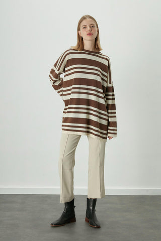 Striped Oversize Knit Tunic Brown