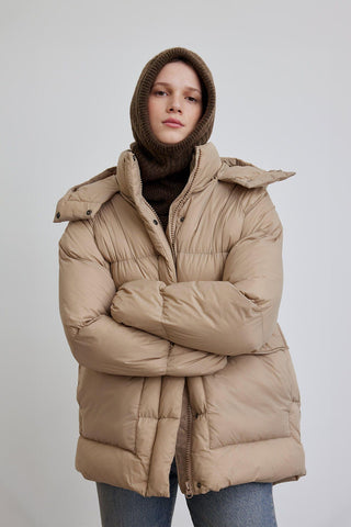 Oversized Pocket Detail Puffer Jacket Dark Beige