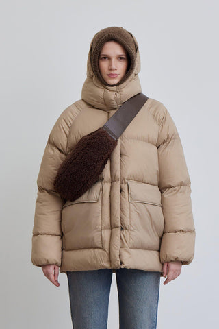 Oversized Pocket Detail Puffer Jacket Dark Beige