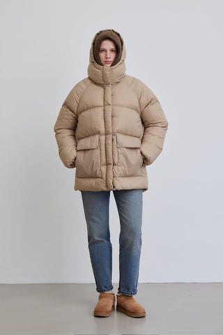 Oversized Pocket Detail Puffer Jacket Dark Beige