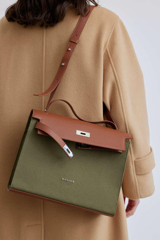 Faux Leather Detailed Canvas Bag Green